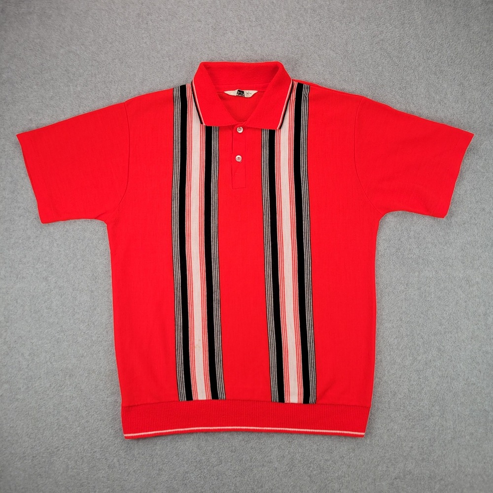 Penney's Towncraft Knit Polo Shirt Mens L Red Vertical Racing Stripe Vintage